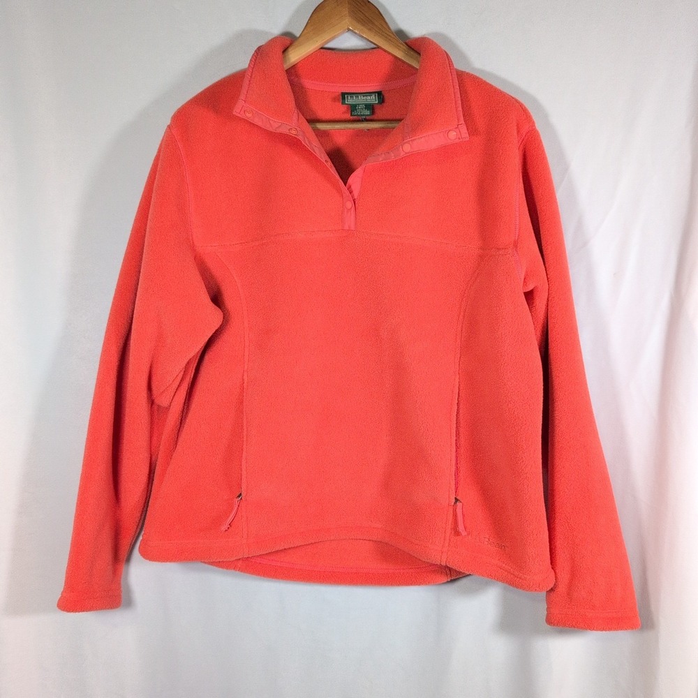 L.L.Bean Fleece Jacket Womens Large Pink Snap Pullover Pockets Polartec Warm